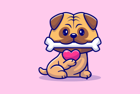 Cute Pug Dog Bite Bone and Holding Love