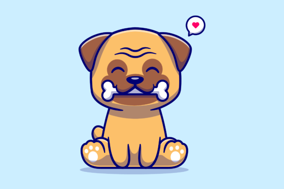 Cute Pug Dog Bite Bone Cartoon