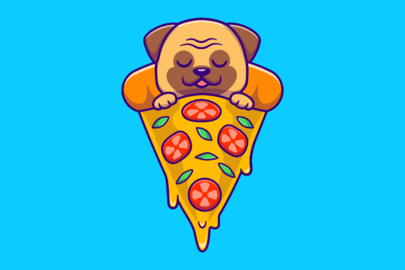 Cute Pug Dog Sleeping on Pizza Cartoon